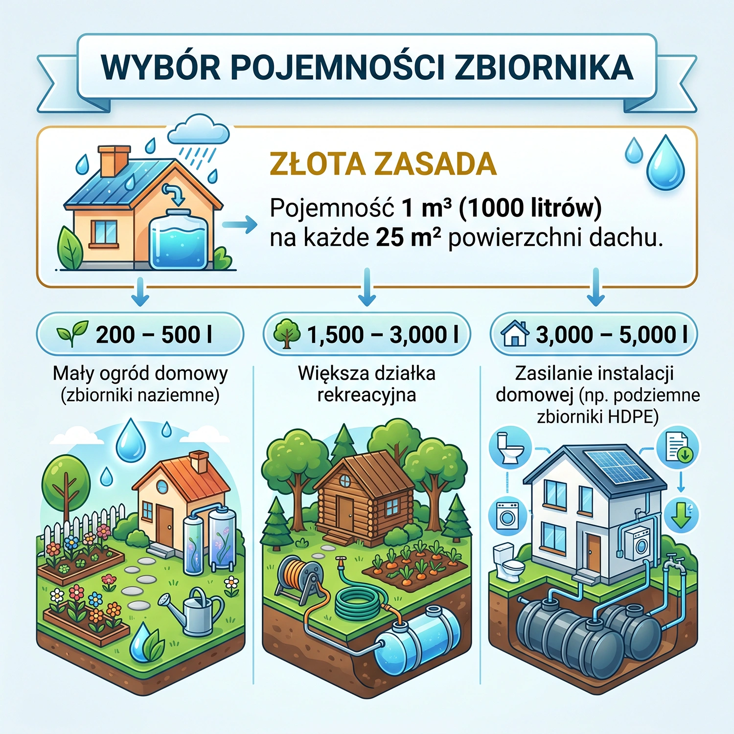 Schemat doboru pojemności zbiornika na deszczówkę do powierzchni dachu
